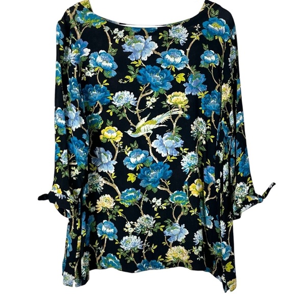J. Jill Floral Bird Printed Black & Blue Crepe Fabric Pullover Top Size XL - Picture 1 of 10